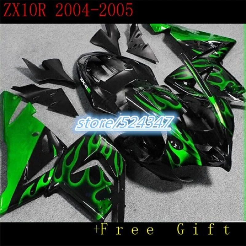 

For Kawasaki ZX10R 2004 2005 NINJA Fairing Kit ZX 10R 04 05 Green Flames In Black Plastic Fairings Set-Nn