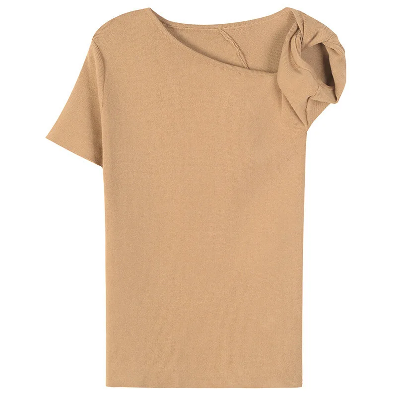 TWOTWINSTYLE футболка с открытыми плечами вязаная рюшами короткий рукав тонкая