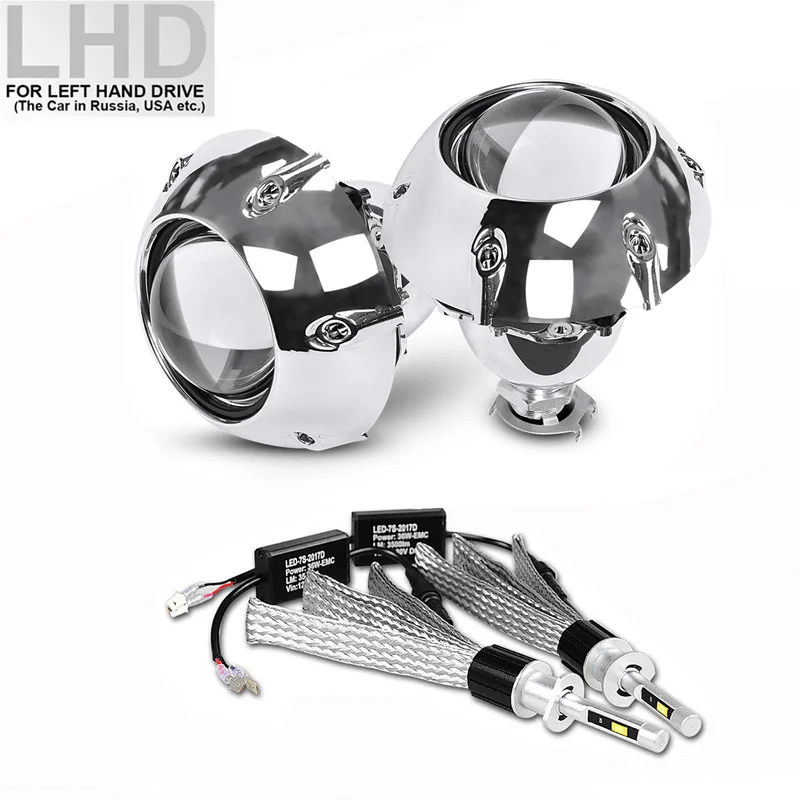LHD with led bulb 2 шт. 2,5 дюймов универсальный би ксенон HID объектив проектора с серебряными кожухами H4 H7 мотоцикл стайлинг фары объектив проектора - Цвет: LHD with led bulb
