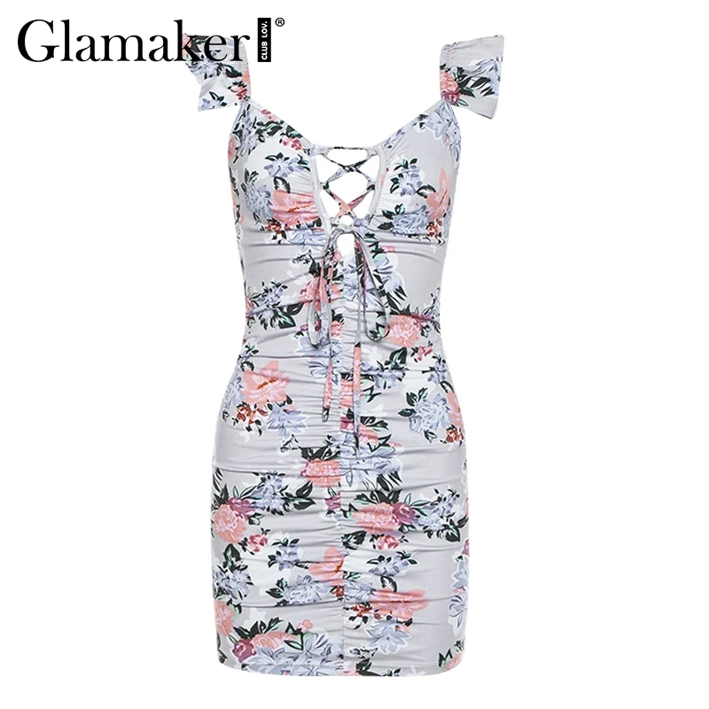 Glamaker сексуальное платье с рюшами и цветочным принтом облегающее короткое