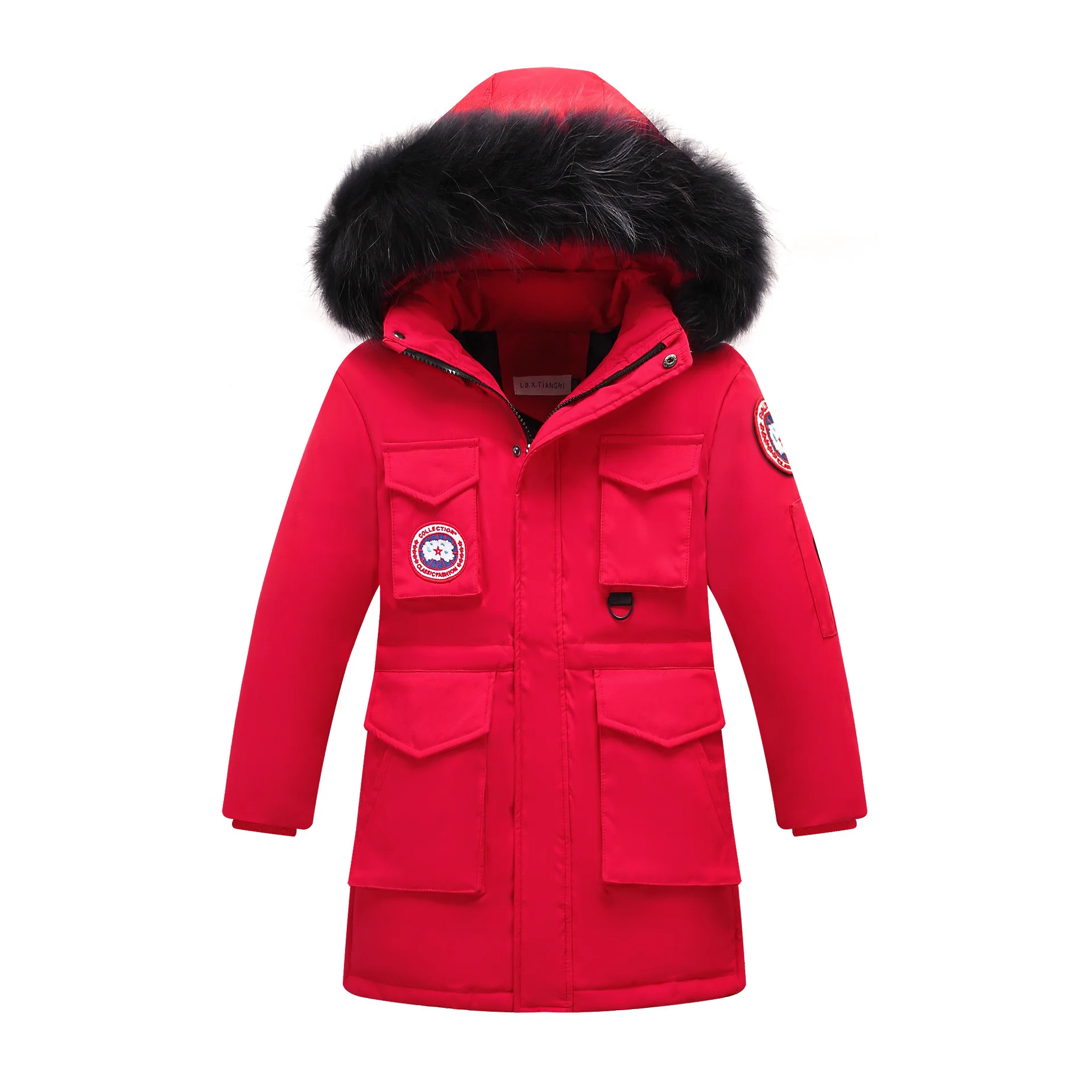 Красный Boys Winter Jacket Goose Down Coat Kids Warm Clothes-30 with Fur Hooded Long Parks Big Boy Children Outerwear 8 10 12 14 year - Цвет: Красный