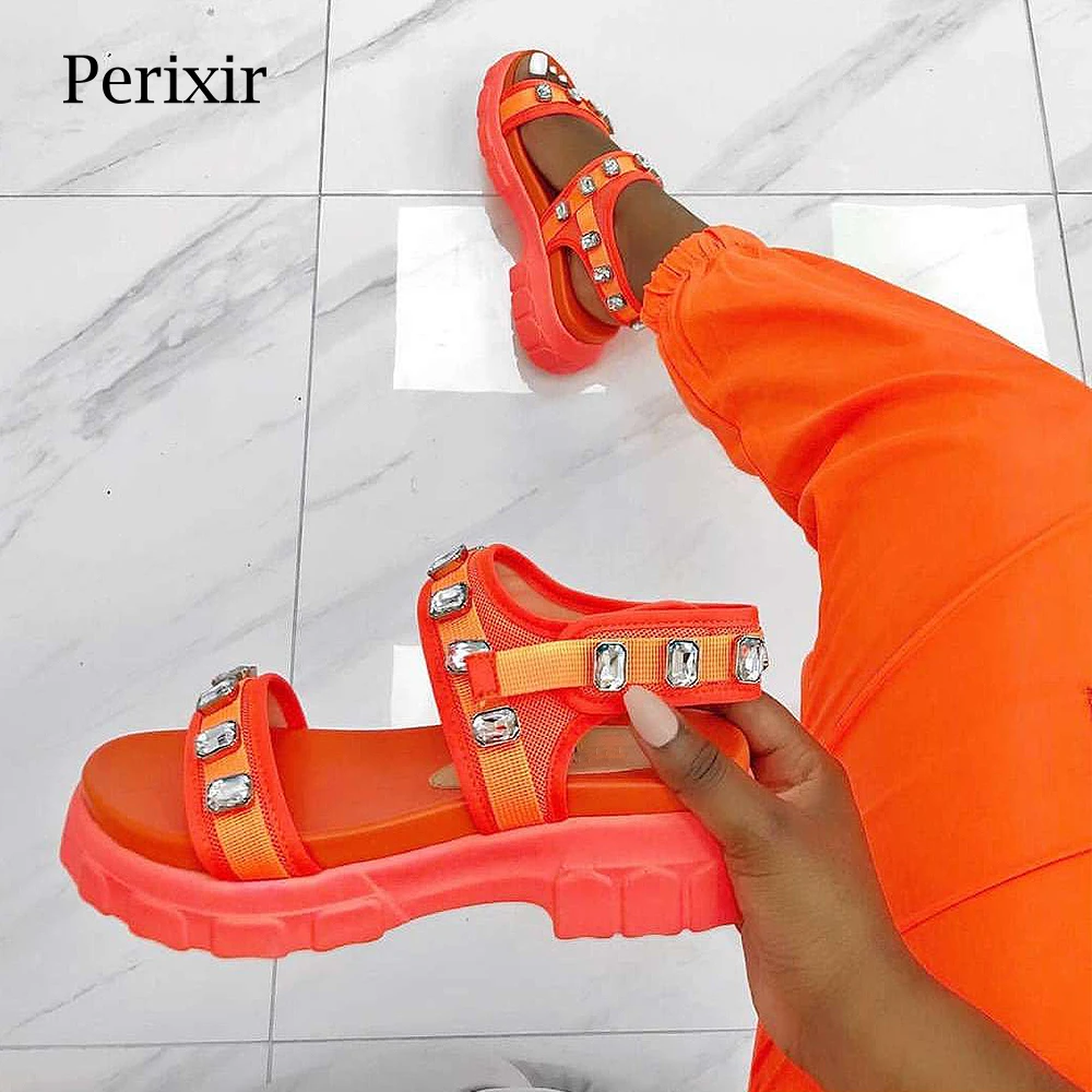 

Perixir Summer Flat Sandals Women Rhinestone Shoes 2020 Luxury Brand Designer Sandals Black Orange Ladies Leather Shoes Woman