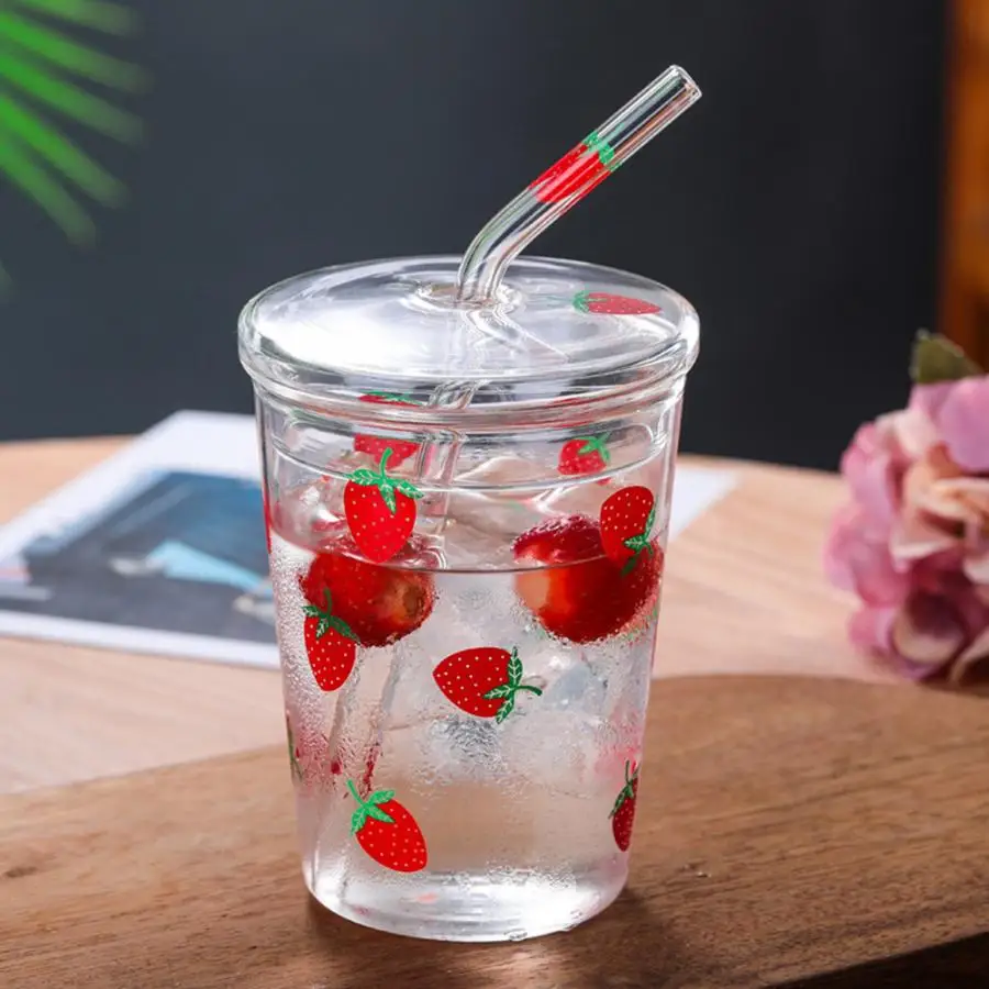 300ml Heat-Resisting Clear Lovely Strawberry Pattern Coffee Juice Drinking Water Glass Cup with Straw Lid