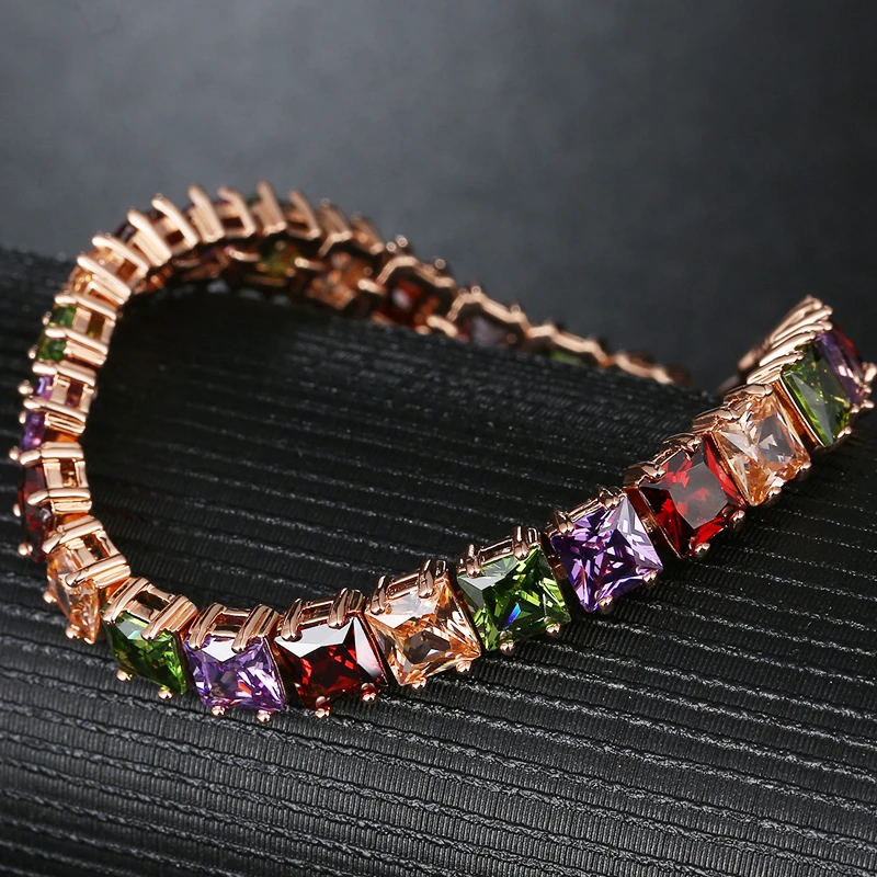 MOONROCY Free Shipping Rose Gold Color Square Colourful Crystal Cubic Zirconia Bracelet Jewelry Bangle for Girl Women Gift | Украшения и