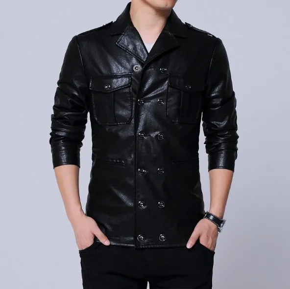 China Style Mens Double Breasted Faux Leather Jacket Men Turn Down Collar Pu Coat Slim Outerwear Many Pocket 4XL 5XL | Мужская одежда