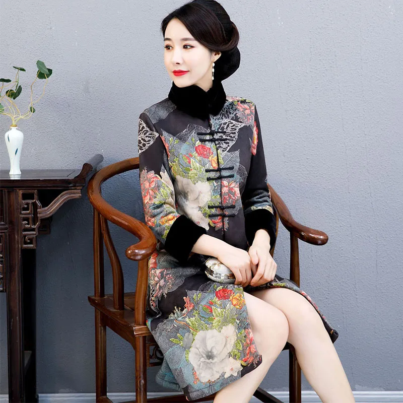 2019 new Winter Qipao Traditional Chinese Dress for Women long Sleeves Vestidos Vintage Pinch cotton Cheongsam Slim Party | Тематическая