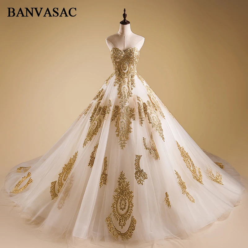Banvasac 2018 без бретелек Свадебные и Бальные платья Роскошные золотые Кружево