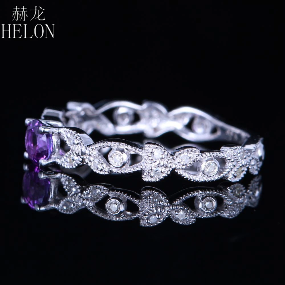 

HELON Solid 14K White Gold Flawless 4MM Round Cut Natural Amethyst Natural Diamonds Engagement Ring Women Valentine's Day Gift