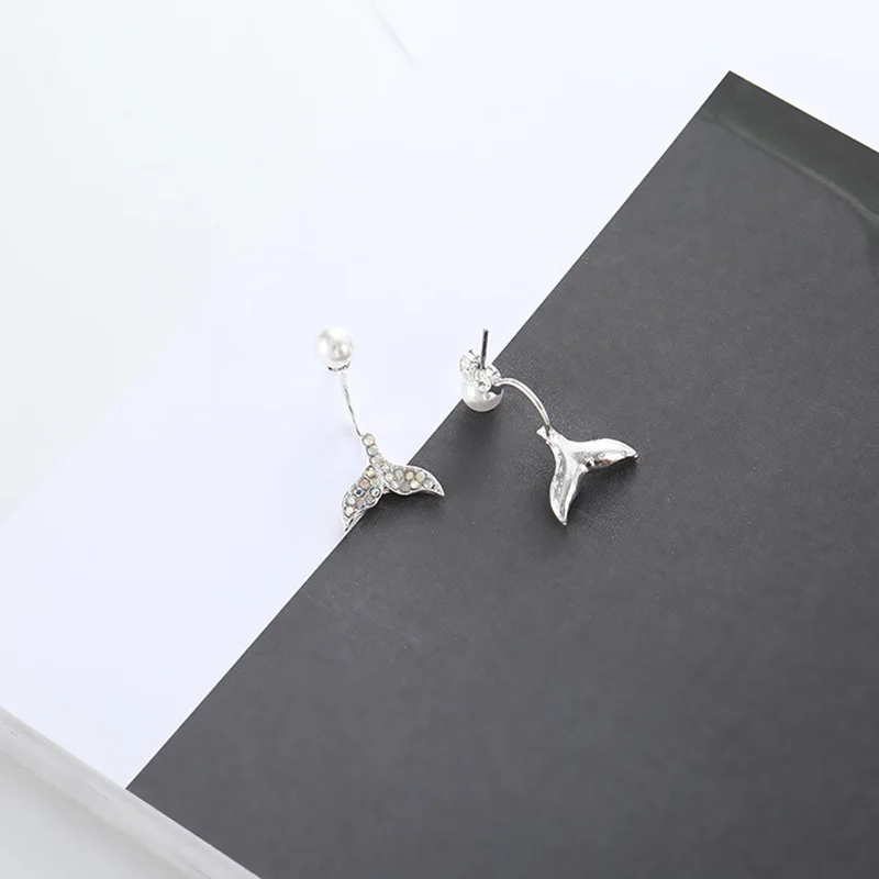 Женские серьги гвоздики с белым хвостом русалки жемчугом AAA цирконием на день