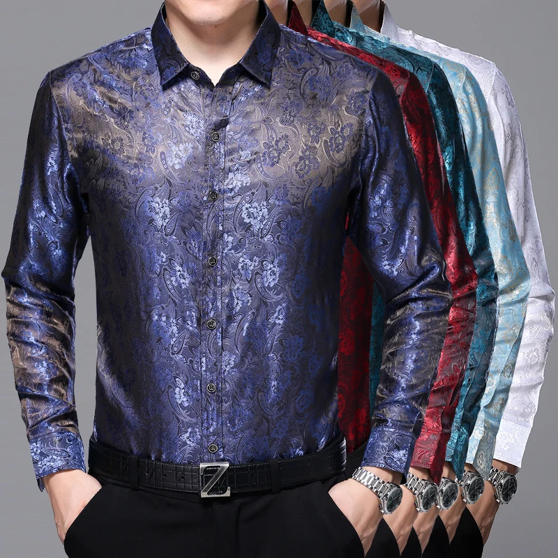 Мужская шелковая рубашка с длинным рукавом цветочным принтом | одежда