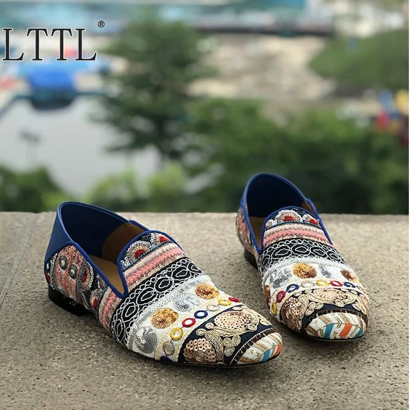 

Лоферы LTTL мужские с блестками, тканевые туфли с вышивкой, без застежки, летняя Классическая обувь, ручная работа