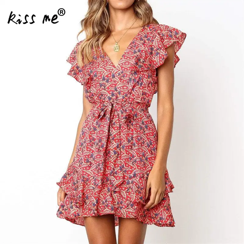 Женское пляжное мини-платье с цветочным принтом коротким рукавом поясом