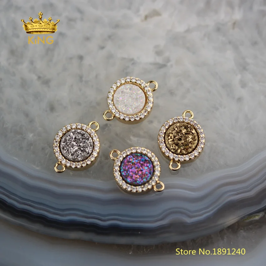 

10pcs Flat Round Druzy Agates with Rhinestones Plated Gold Copper Titanium Drusy Connectors Tiny Charms Crafts Bracelet DSS151