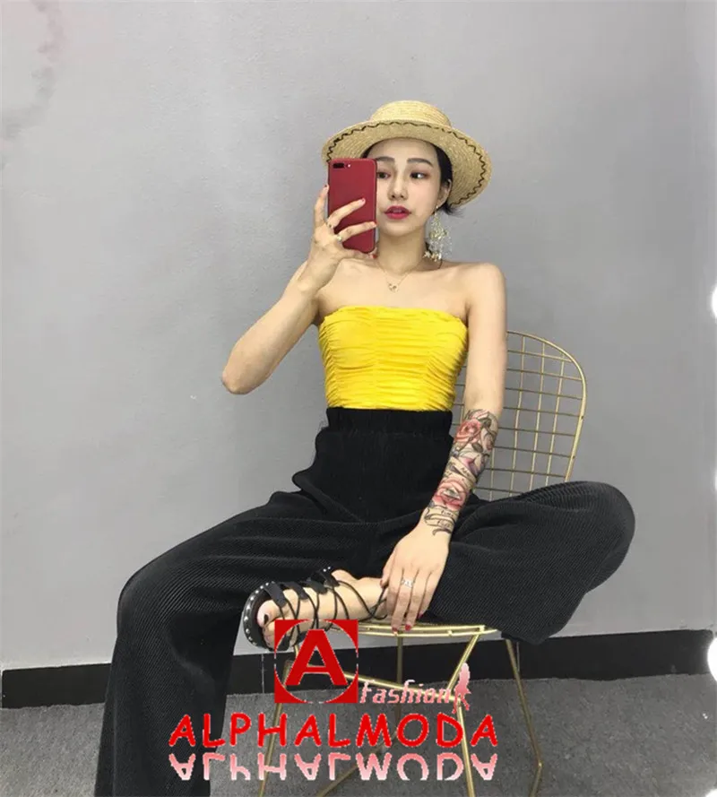 ALPHALMODA Летние Женские однотонные плиссированные широкие брюки с высокой талией женские модные брюки