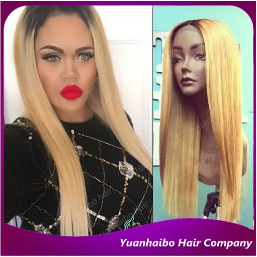 Remy hair Top quality 1bT27# long straight virgin peruvian glueless wig ombre two tone cheap front lace free shipping |