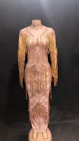 2019 Women Sexy Net Yarn Long Dress Silver Sparkle Mirrors Nightclub Party Stage Wear Dancer Singer Bling Costumes DJ DS Dress