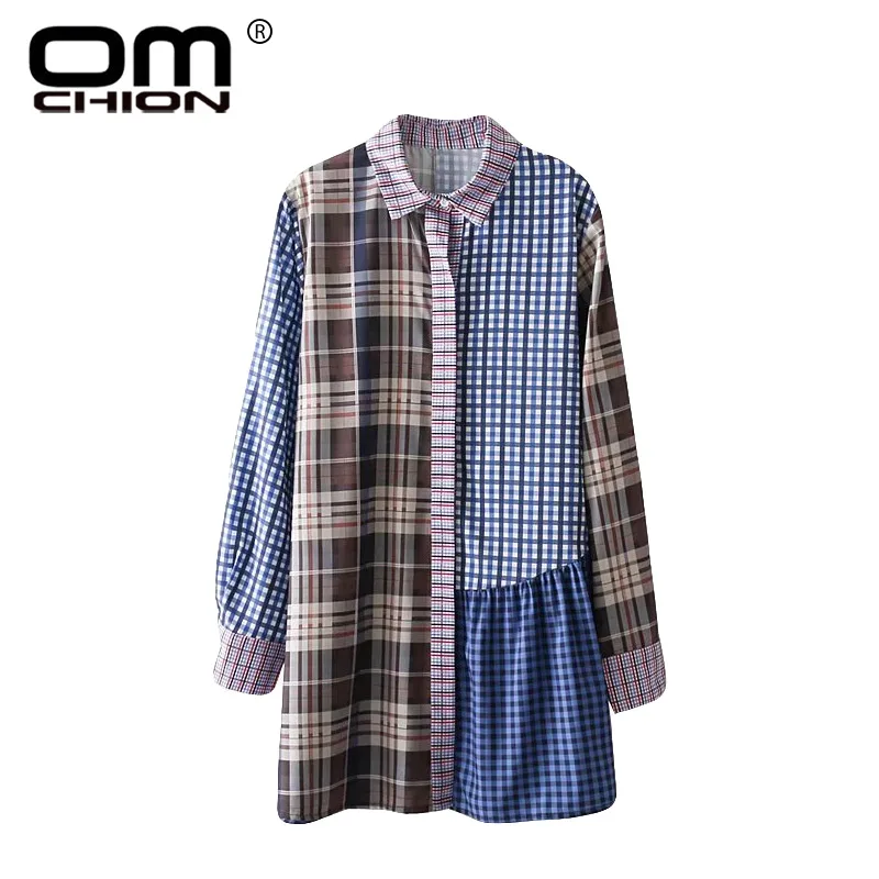 OMCHION Blusa Feminina женская рубашка в клетку с отложным воротником и пуговицами