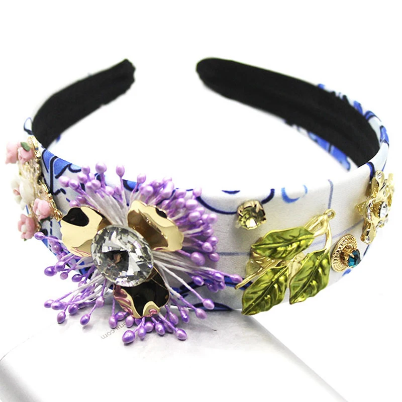 Crystal Hairbands Baroque Crown Retro Cross Purple Pearl Flower Wide Headband Leaves Bridal Headdress Hair Jewelry Accessories | Украшения