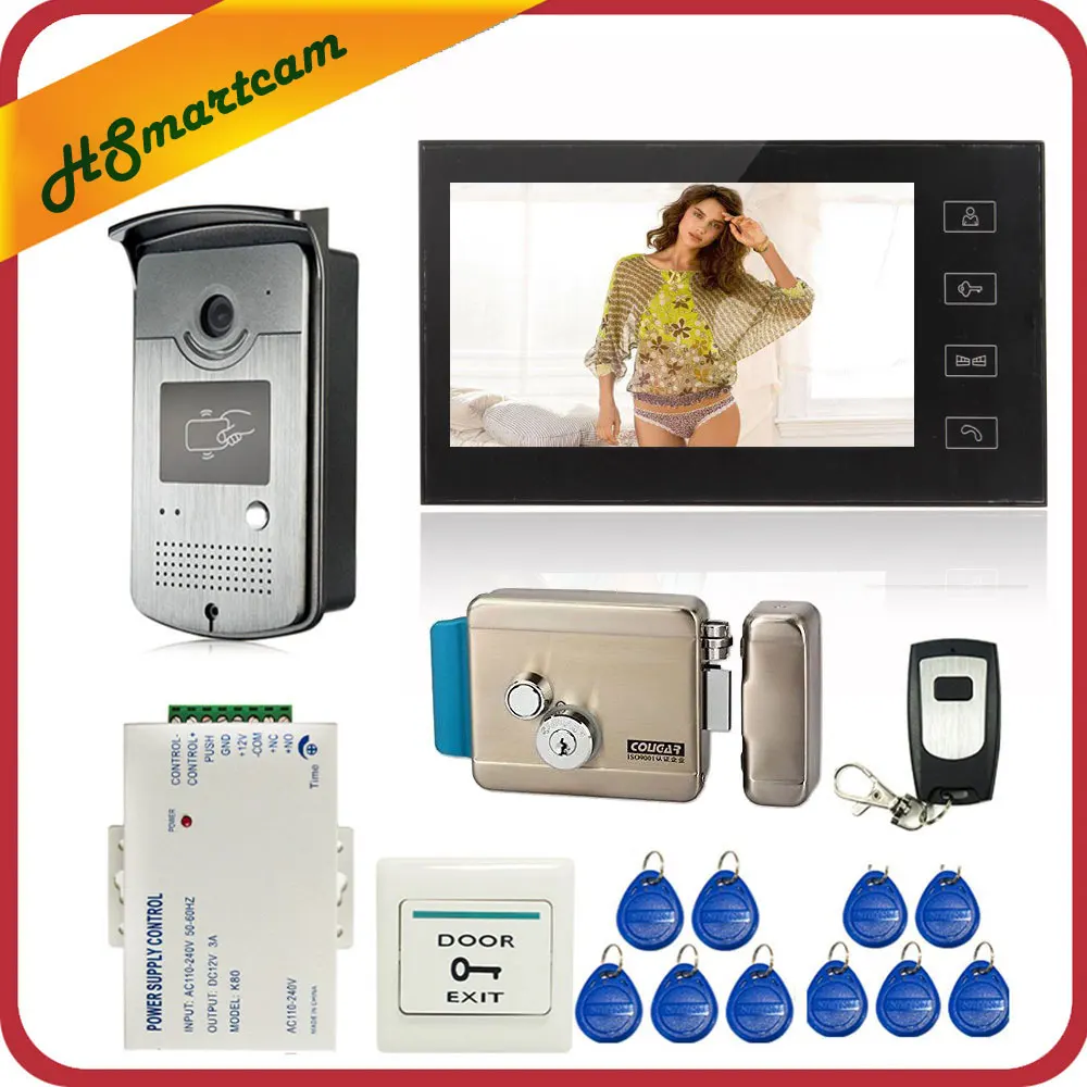 7 Inch Touch Screen Kleuren Video Deurtelefoon Intercom 1 Monitor + 1 Rfid Toegang Led Camera + elektrisch Deurslot