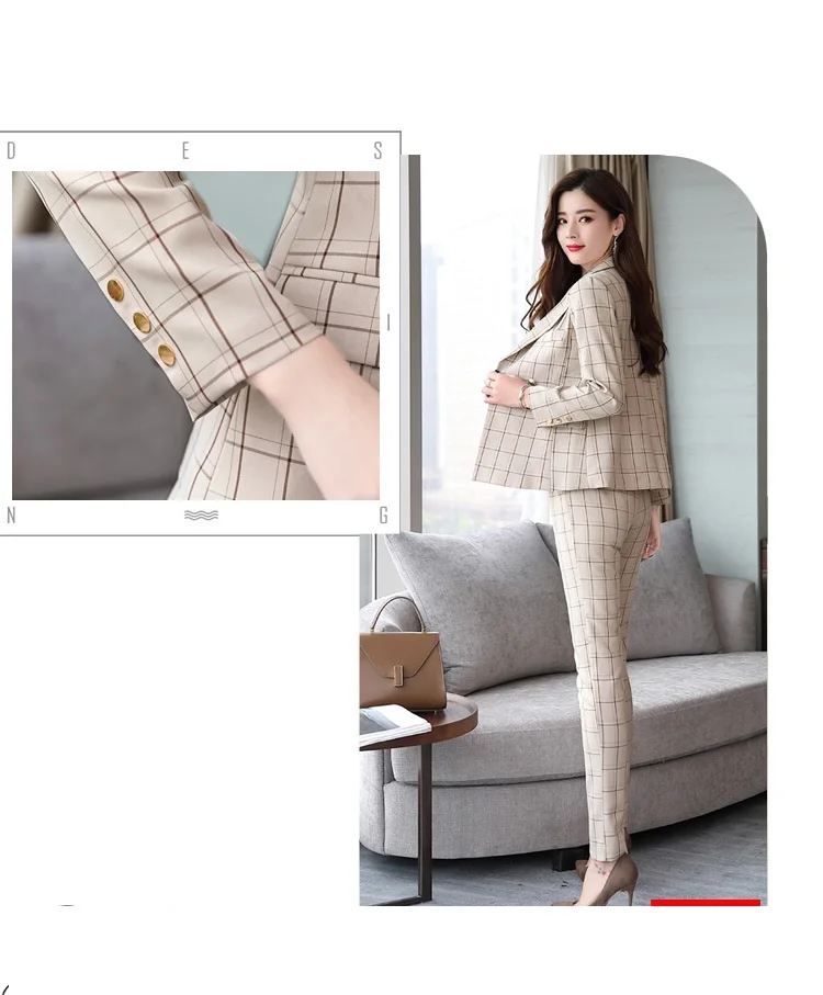 Женский осенний костюм двойка элегантный клетчатый в Корейском стиле брюки и топ