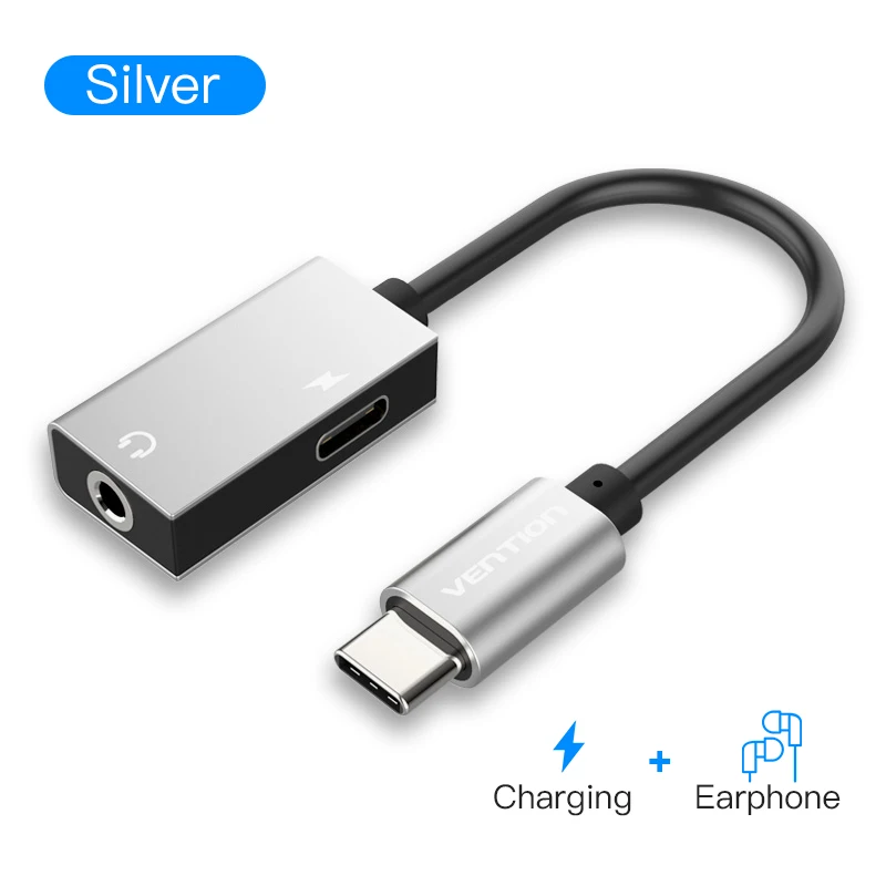 2 in 1 Silver Адаптер для наушников Vention type C 3,5 USB C штекер 3,5 мм гнездо для Xiaomi 6 Mi6 MIX 2 huawei Mate10 P20 Pro AUX аудио кабель - Цвет: 2 in 1 Silver