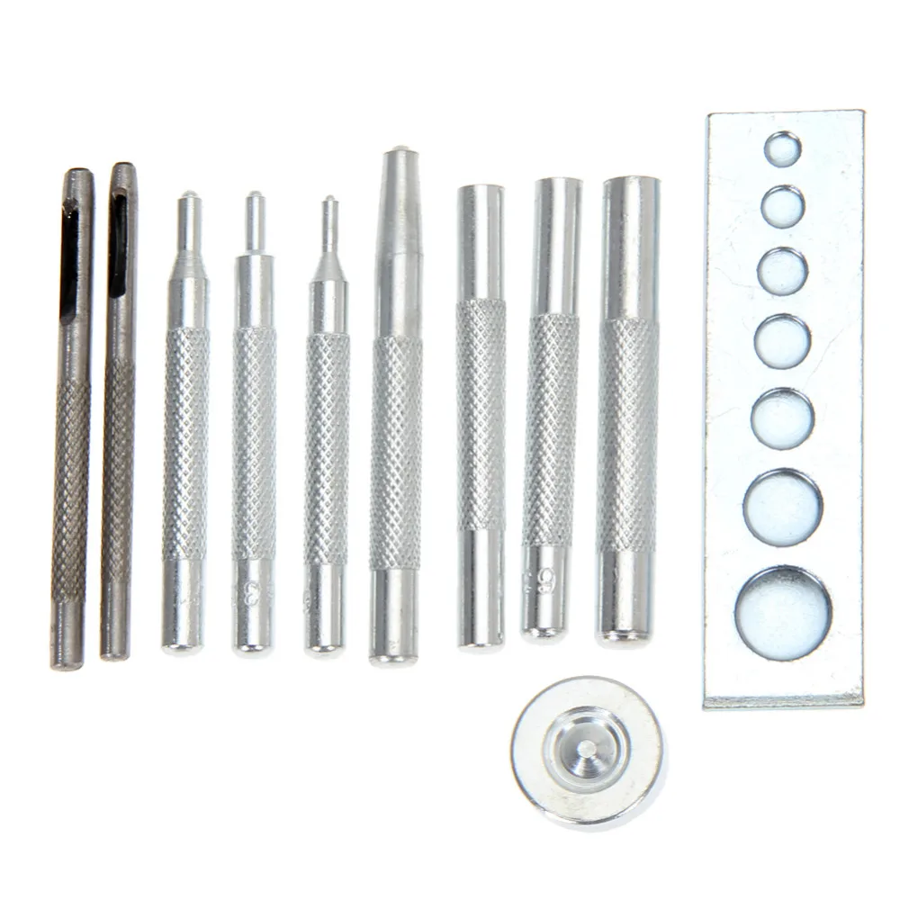 

11Pcs/Set Metal Leather Craft Tool Die Punch Hole Snap Rivet Fastener Button Setter Base Kit DIY Leather Craft Sewing Tool
