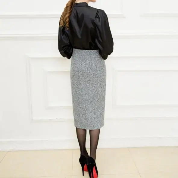 Для женщин Высокая талия по колено Женская юбка-карандаш шерстяные Однобортный