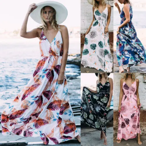 Женское пляжное платье без рукавов длинное с высокой талией и цветочным принтом
