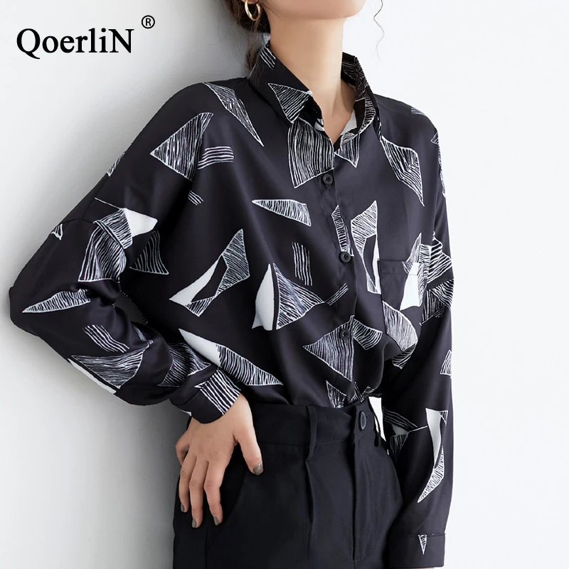 QoerliN 2019 модный принт шифоновая блузка женская рубашка с длинным рукавом плюс