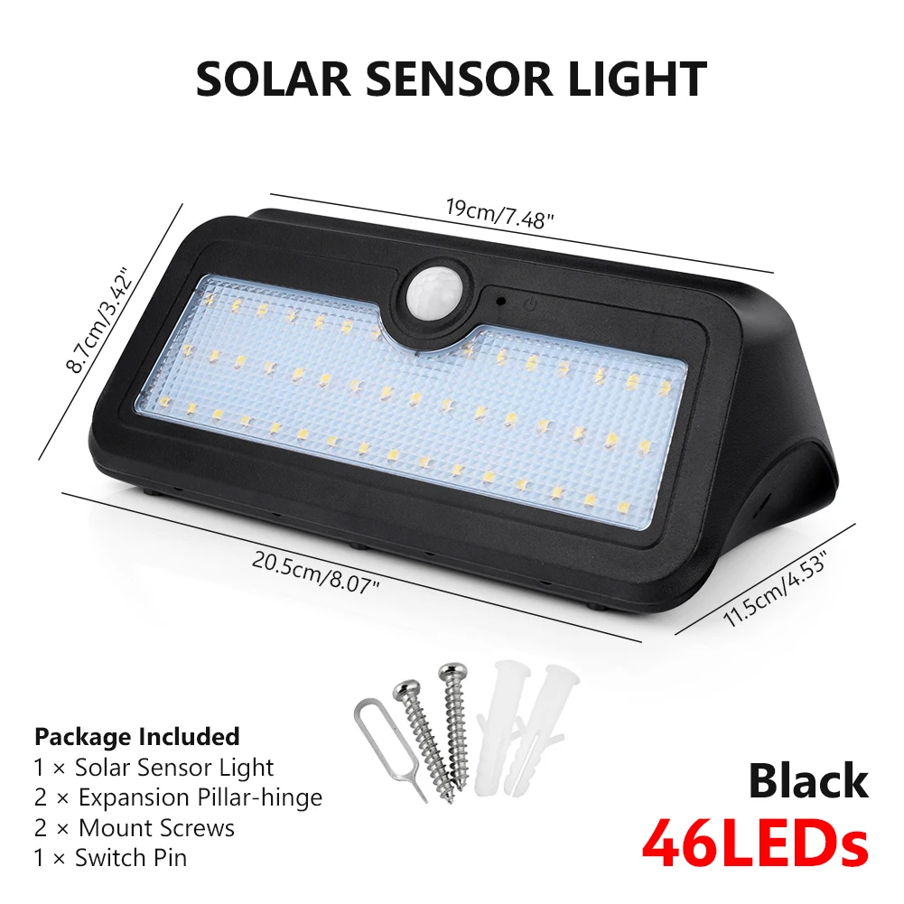 black 46leds TSLEEN Водонепроницаемый светодиодный светильник на солнечной батарее с датчиком PIR, настенный светильник для патио, садовые лампы, 24, 46 светодиодный светильник s, светильник на солнечной батарее с батареей 18650 - Испускаемый цвет: black 46leds