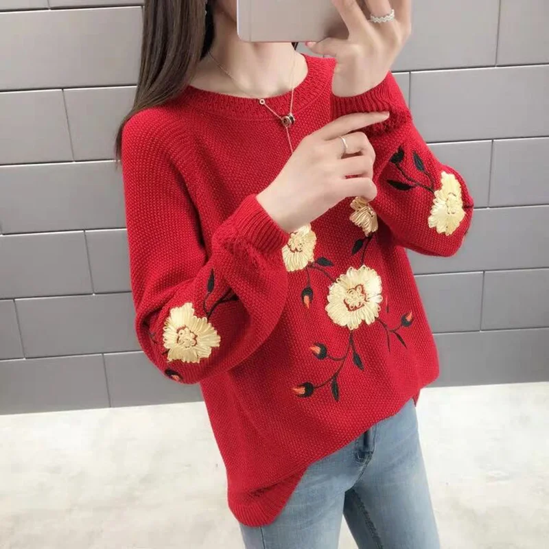 

High quality women fashion 2019 Round neck sweater spring/autumn Hollow woman long sleeve sweaters Embroidered Knitted pullover