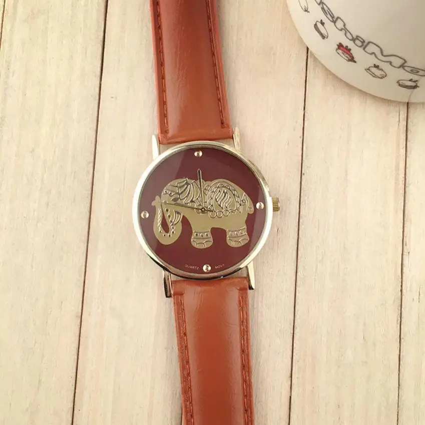 Montre модные часы со слоном, женские Роскошные Кварцевые часы с золотым циферблатом, Женские Аналоговые наручные часы из искусственной кожи, Relogio Feminino