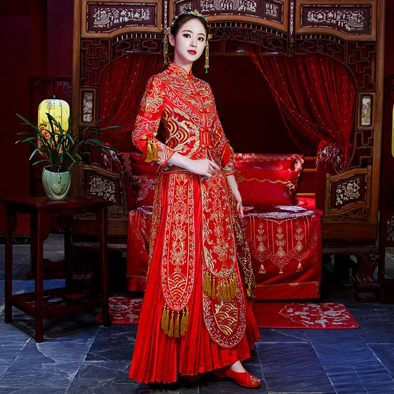 Высококачественное красное традиционное китайское свадебное платье длинный