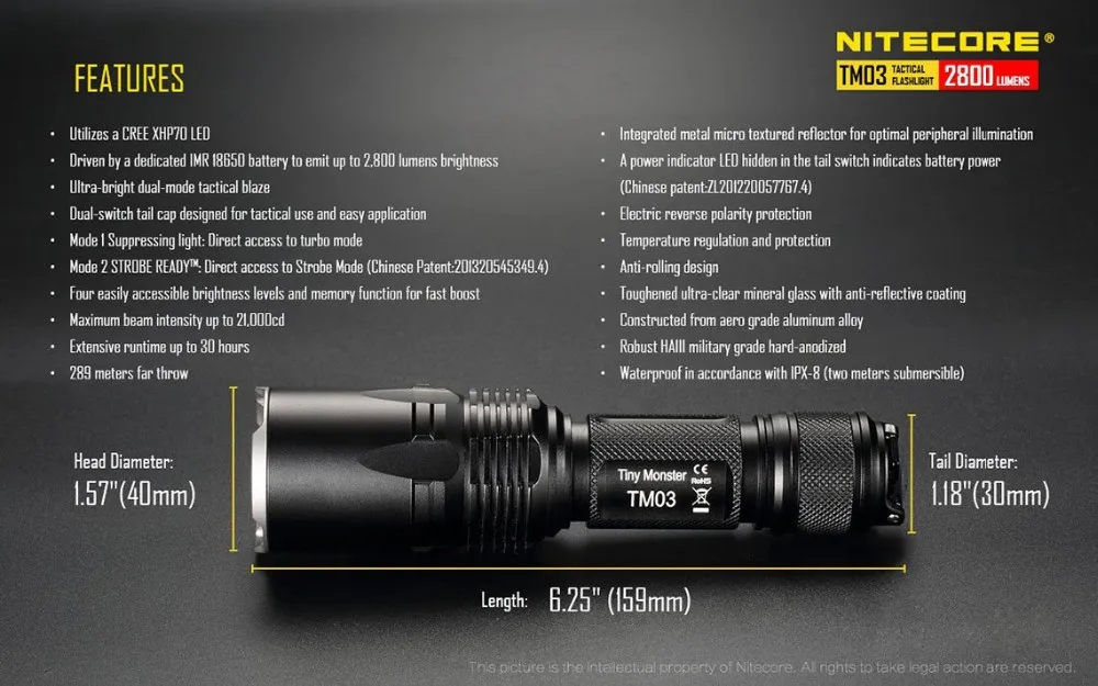 Nitecore TM03 2800 люмен XHP70 светодиодный фонарик с компасом для TM03 18650 аккумуляторная батарея