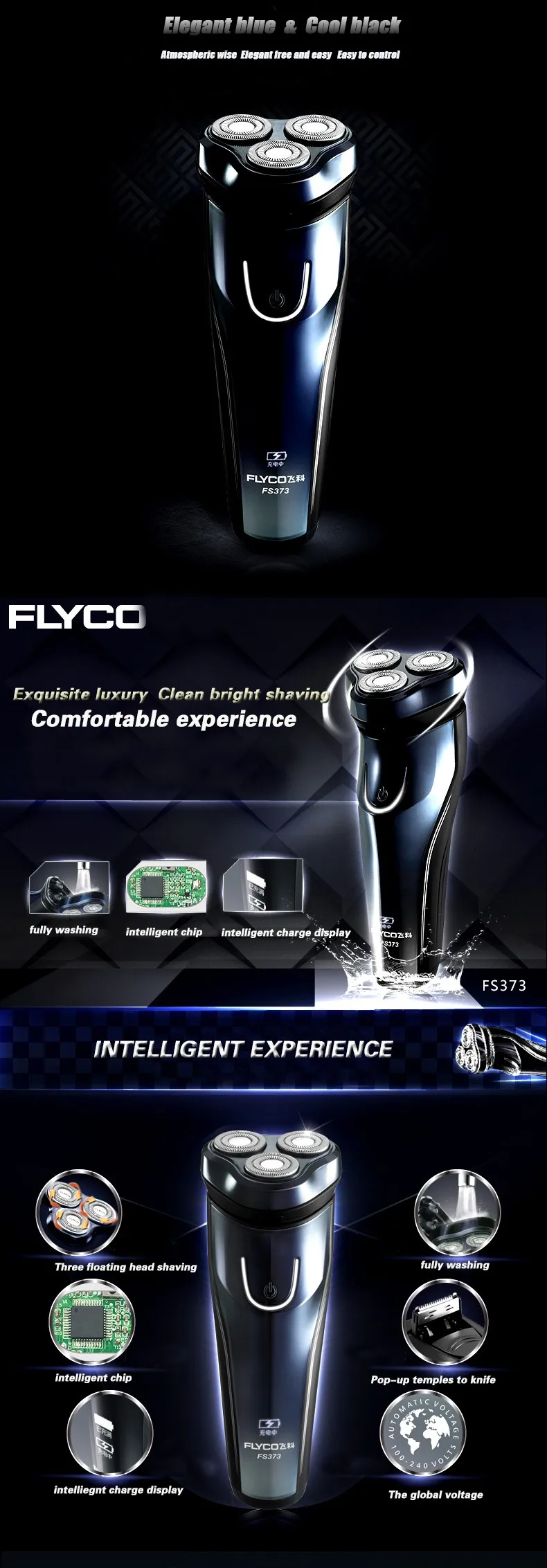 Flyco, мужская электробритва, темно-синяя, перезаряжаемая, портативная бритва, бритвенная машина, моющаяся, с тройным лезвием, FS373, электробритва