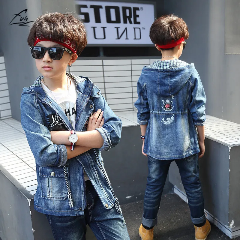 

FYH Newest Boys Autumn Spring Hooded Denim Coat School Boys Cowboy Jackets Children's Casual Outwear Kids Clothing Jean Jackets