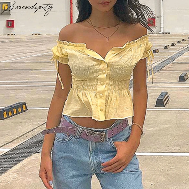 SRDP повседневная женская летняя блузка рубашка с рюшами и пуговицами женские