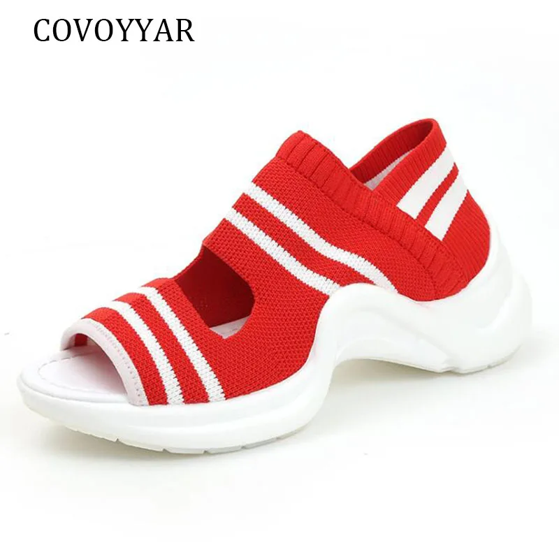 COVOYYAR/ г., Летние Босоножки на каблуке женские босоножки на толстой платформе с вязаным верхом повседневная женская обувь с эластичными лентами, WSS447