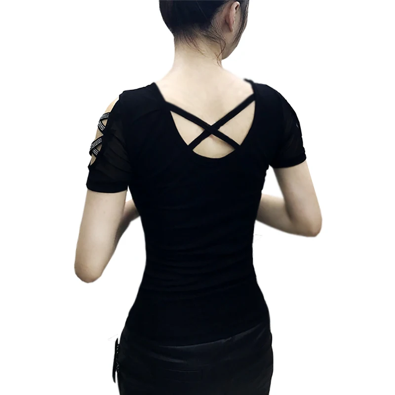 Женские футболки с коротким рукавом Украшенные бусинами из горного хрусталя