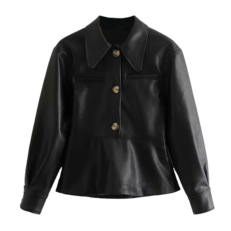 2019 осенняя куртка из искусственной кожи женская рубашка воротник тонкий пуловер