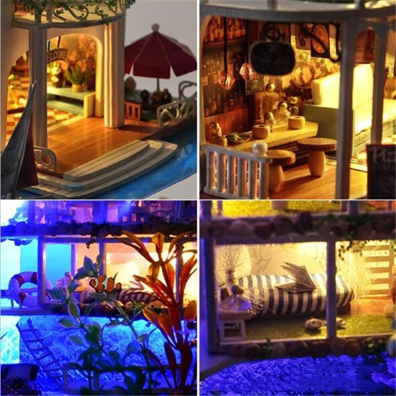 Diy Handmade Wooden Pretty Hawaii Model Doll House with dust cover Beautiful Acousto-optic Hut Gift of Love | Куклы и аксессуары
