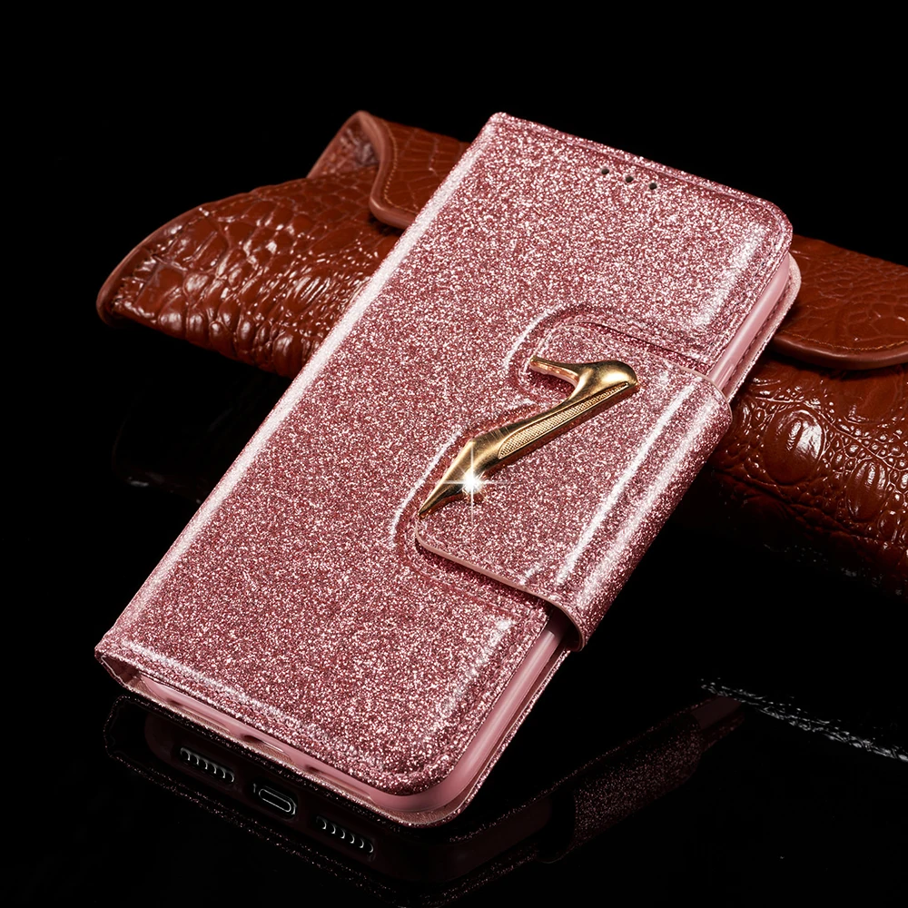 Rose gold Блестящий флип-чехол на высоком каблуке для iPhone 7, 8 Plus, 6, 6 S, X, XR, XS, Max, кожаный бумажник с отделением для карт, чехол для телефона для iPhone 7, 8, XS, 10, чехол - Цвет: Rose gold