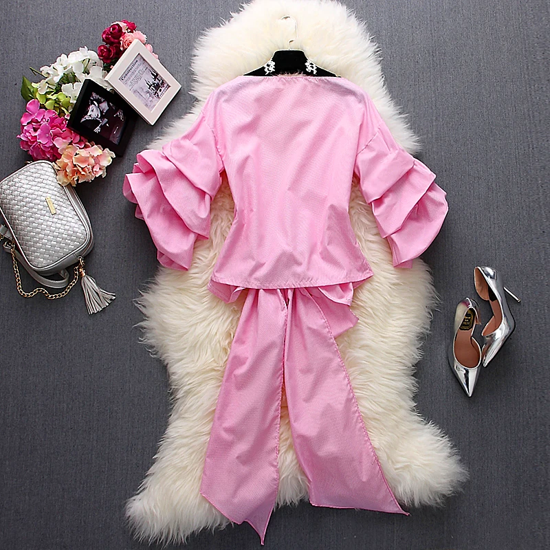 Женская многослойная блузка с бантом V образным вырезом и рукавом фонариком|shirt