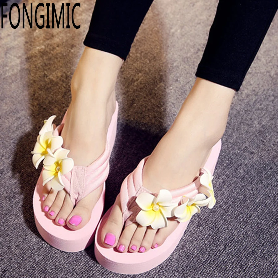 Конфеты цвета Новый женский мода лето клинья сандалии дамы цветок вьетнамки