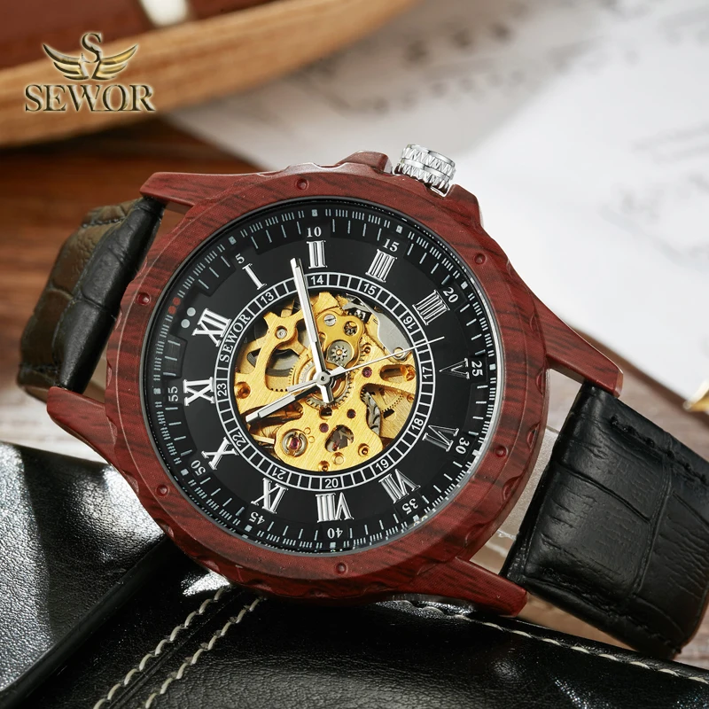 SEWOR Роскошные Брендовые мужские Новые Имитация дерева металлические полые