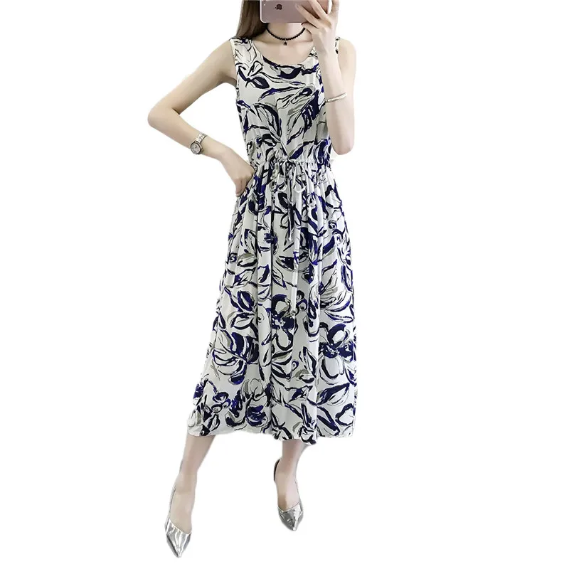 

2019 Summer Dress Women's New Slim Floral Sleeveless Vest Dress Long Section Large Size Waist Female Floral Dress W33