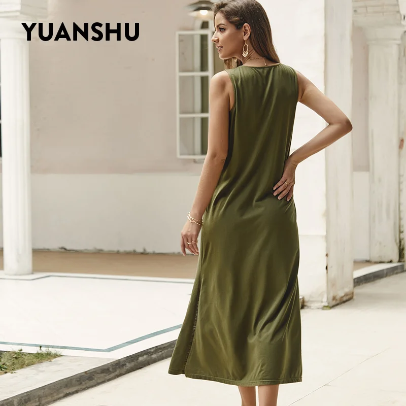 YUANSHU Elegant Maxi Dress Women Summer Solid Sleeveless V Neck Single Breasted Long Off Shoulder Office Ladies Dresses | Женская одежда