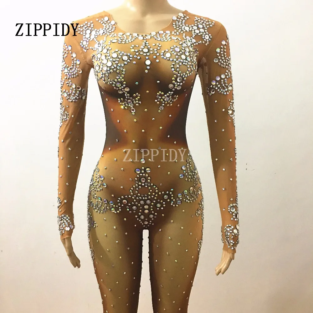 

Sexy Mash Perspective Crystals Jumpsuit Evening Glisten Outfit Performance Dance Wear Stones Costume Singer Shiny Bodysuit