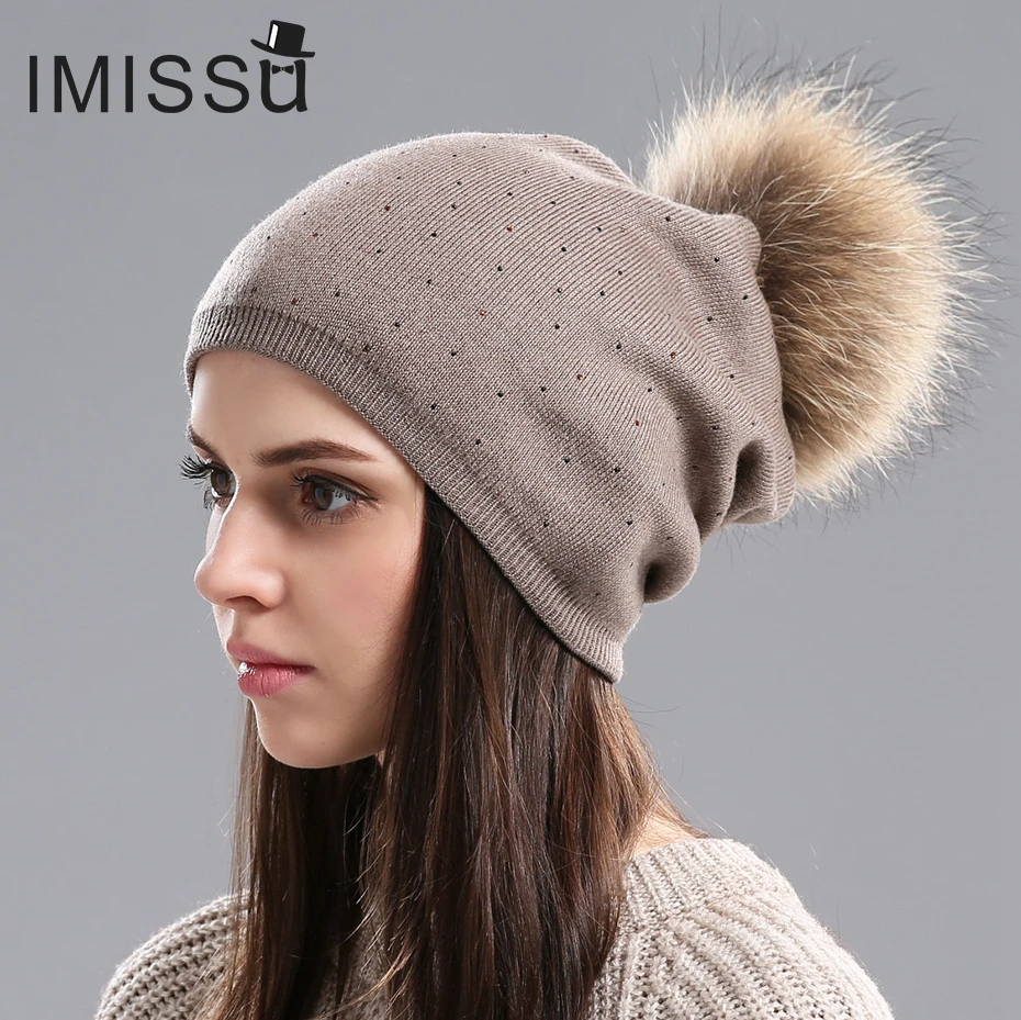 

IMISSU Women Winter Hat Wool Knitted Beanies Cap Real Raccoon Fur Pompom Hats Solid Colors Ski Gorros Cap Female Causal Hat