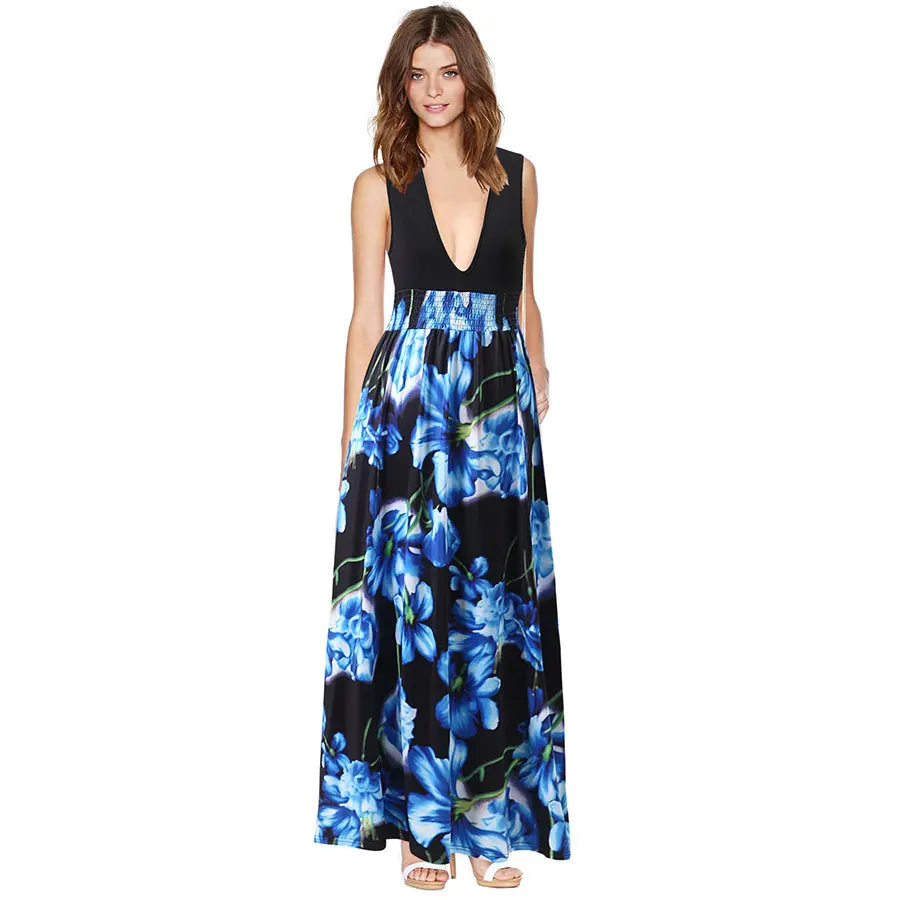 2016 Women Sexy V-Neck Sleeveless Boho Long Maxi Sundress Floral Print Beach Casual Party Dress Vestidos Femininos 3201
